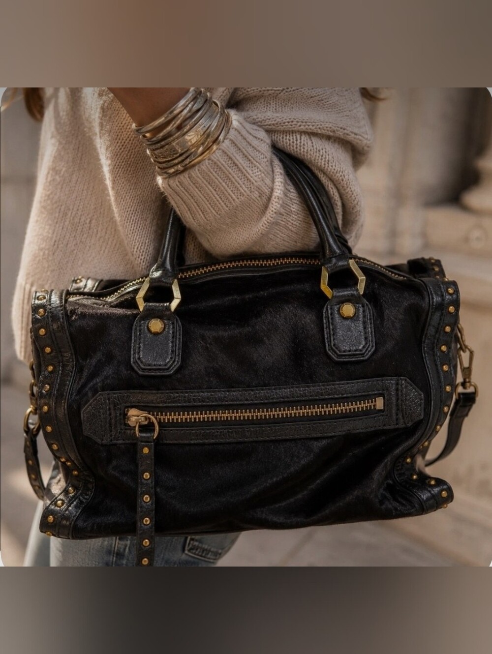 orYANY Black Leather Satchel Bag with Gold Stud Accents